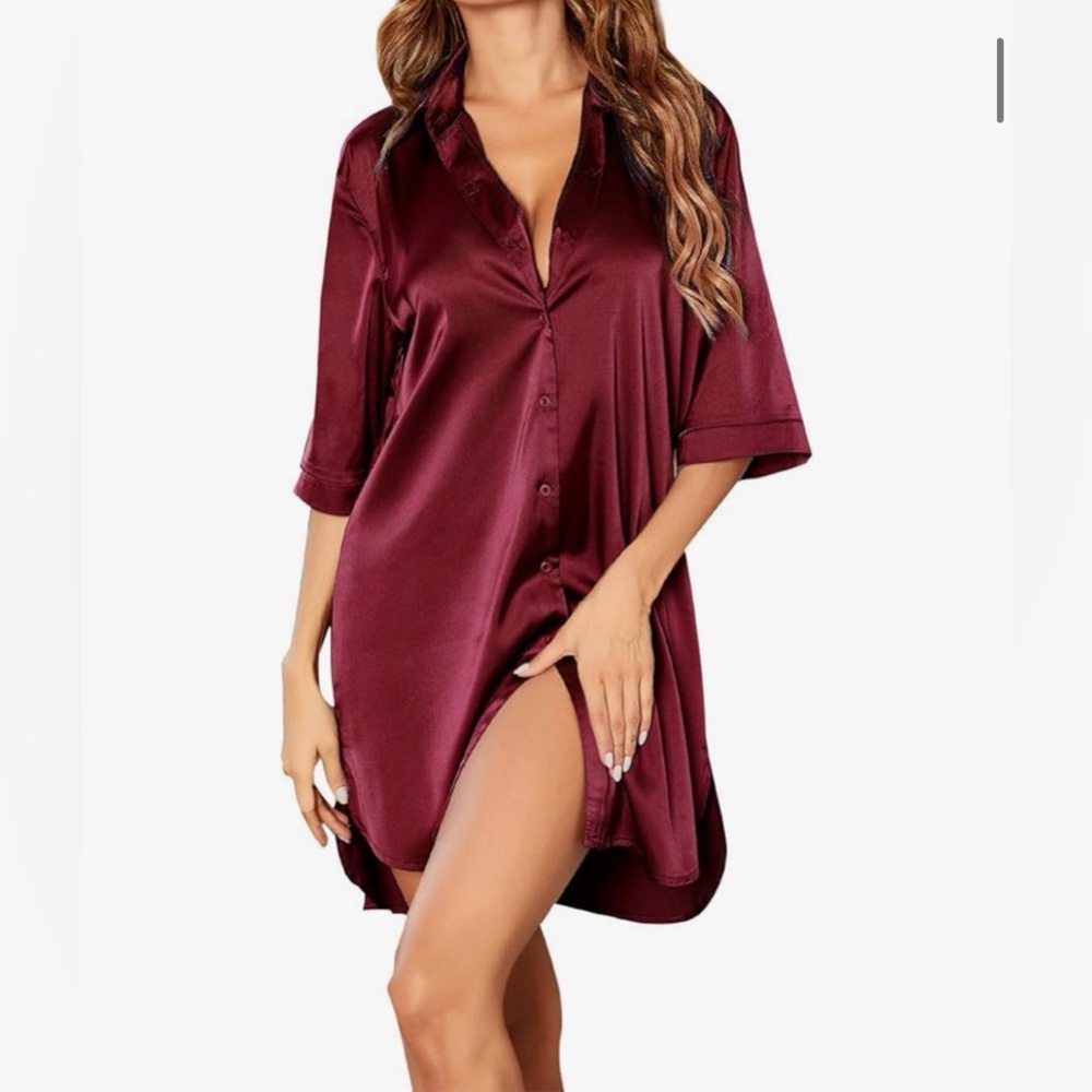 SET OF TWO Silky Satin Button-Down Nightshirt - Burgundy and Black Womens Medium
